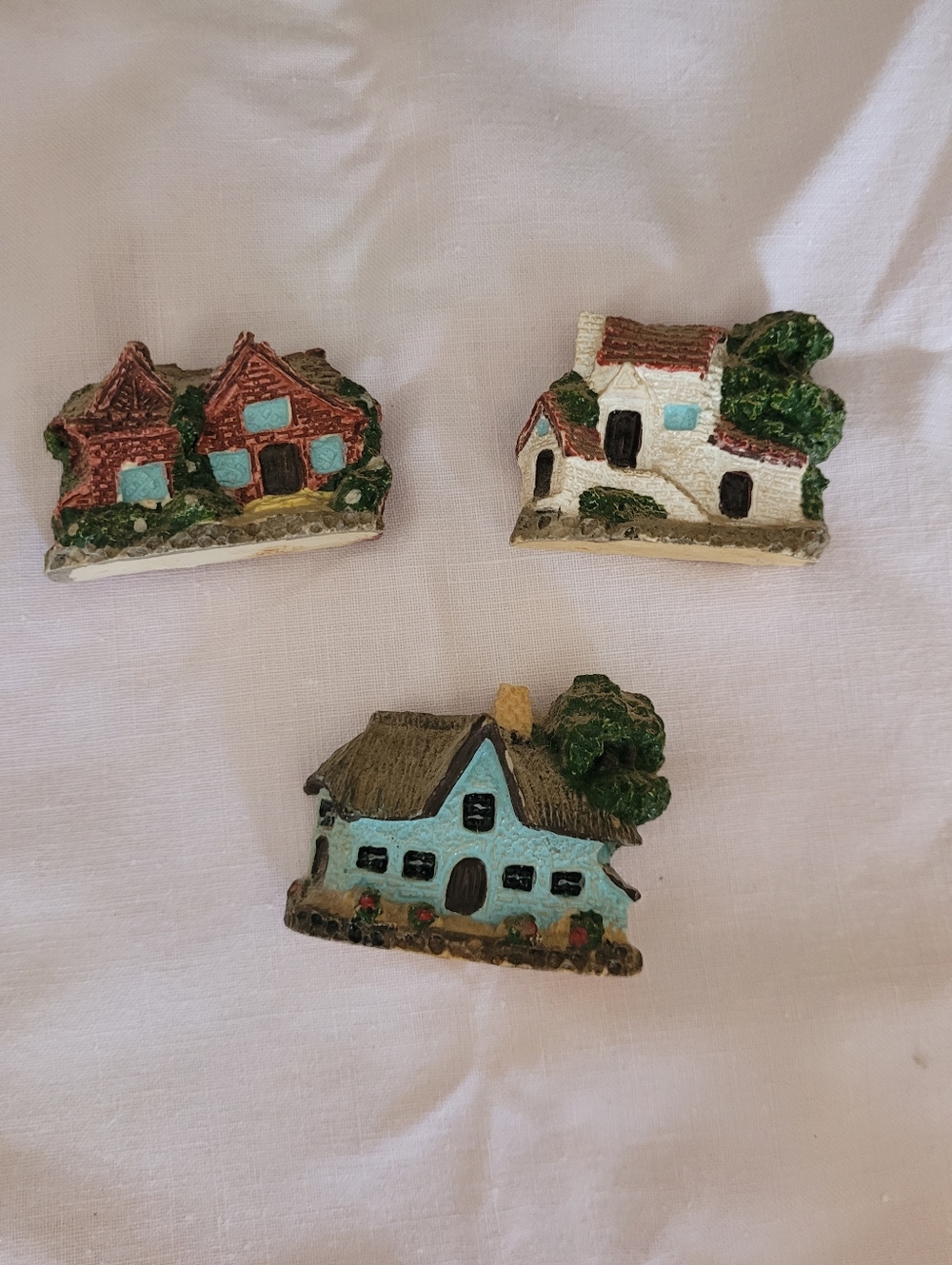 Vintage Miniature Ceramic Cottage Magnets Set Of 3 - Blue, White, Red Roofs